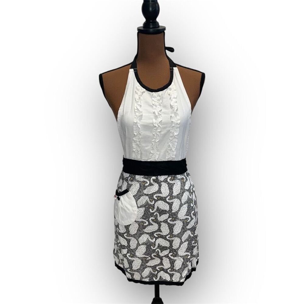 Simply Whimsical Swan Print Apron, Ruffled Bib 100% Cotton, Women’s One Size
